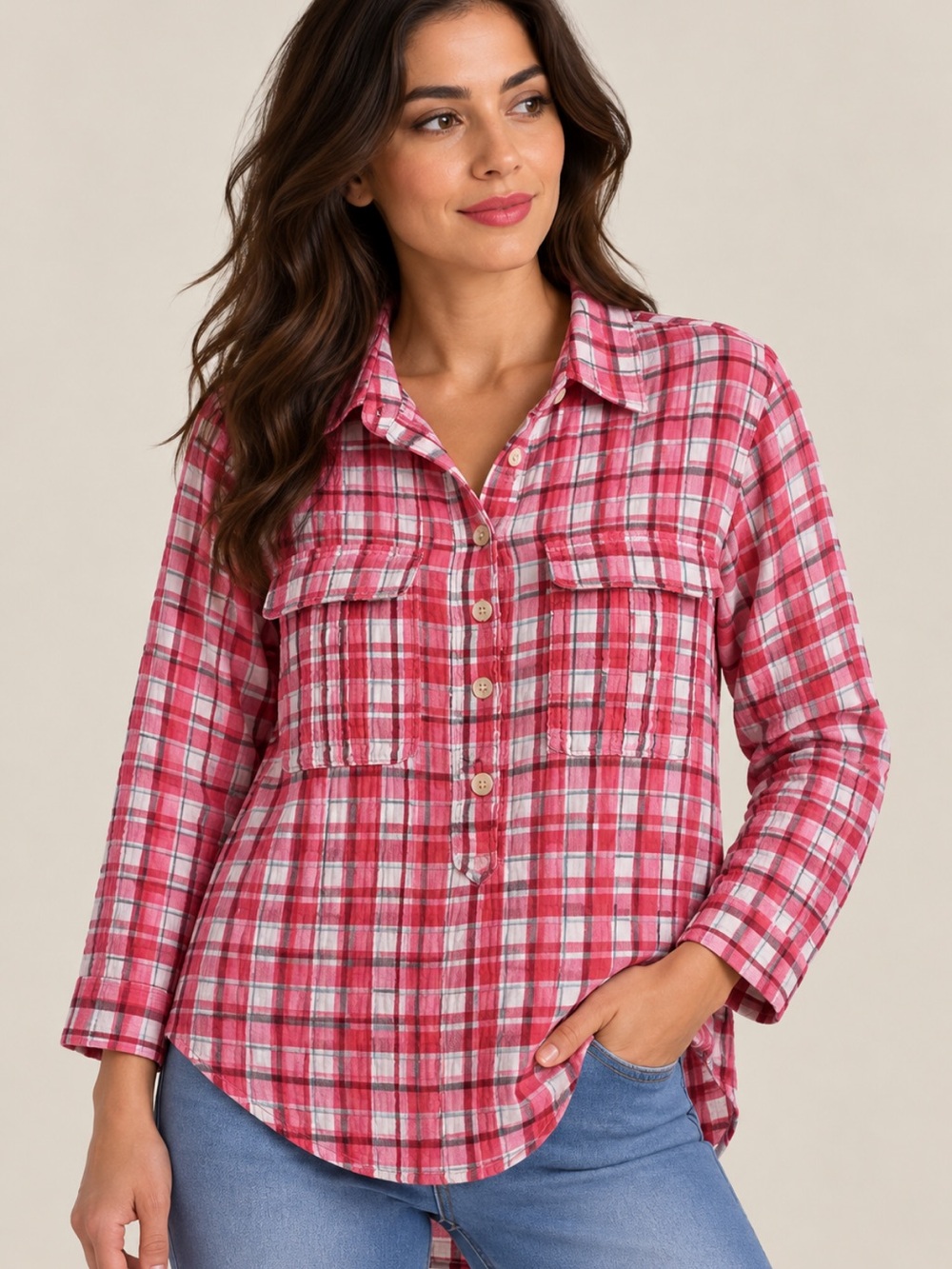 Women's Pink Plaid Button-Up Shirt - Casual Everyday Top
